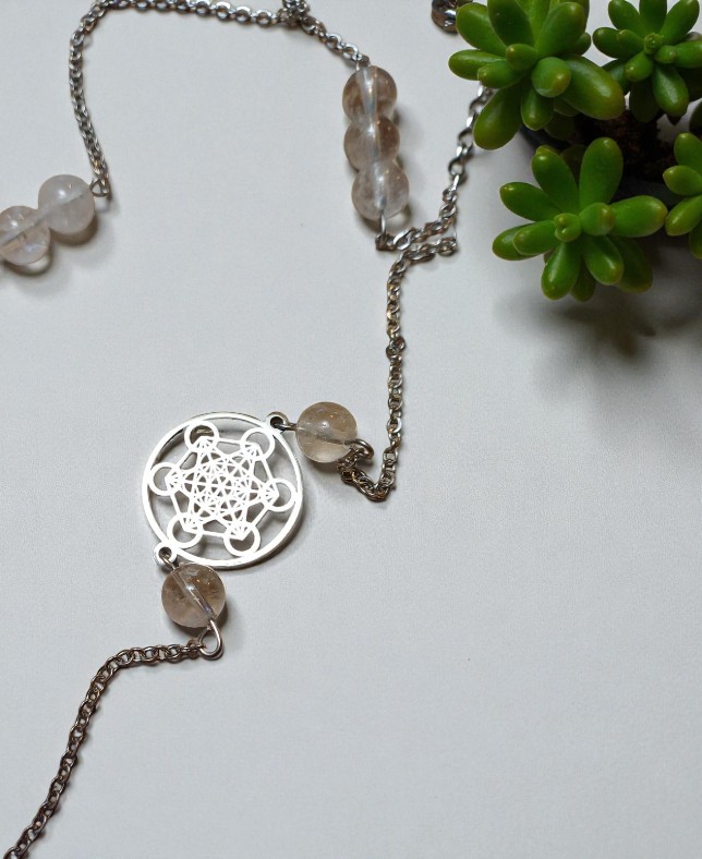 Collana Spiritual Balance – Malachite, Quarzo Ialino e Cubo di Metatron - immagine 3