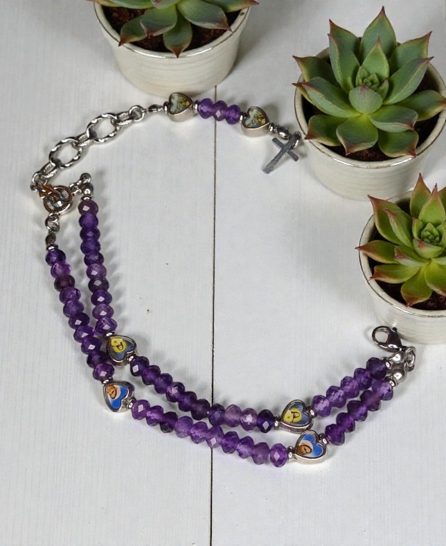 Bracciale Rosario in Ametista con Croce Pendente - immagine 2