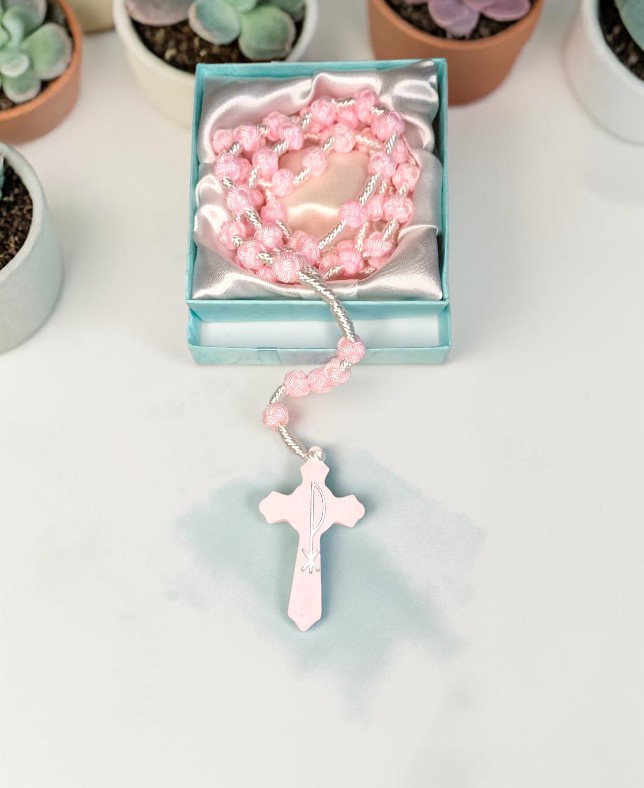 Rosario Artigianale Medjugorje in Corda Annodata – Bianco e Rosa con Croce in Legno